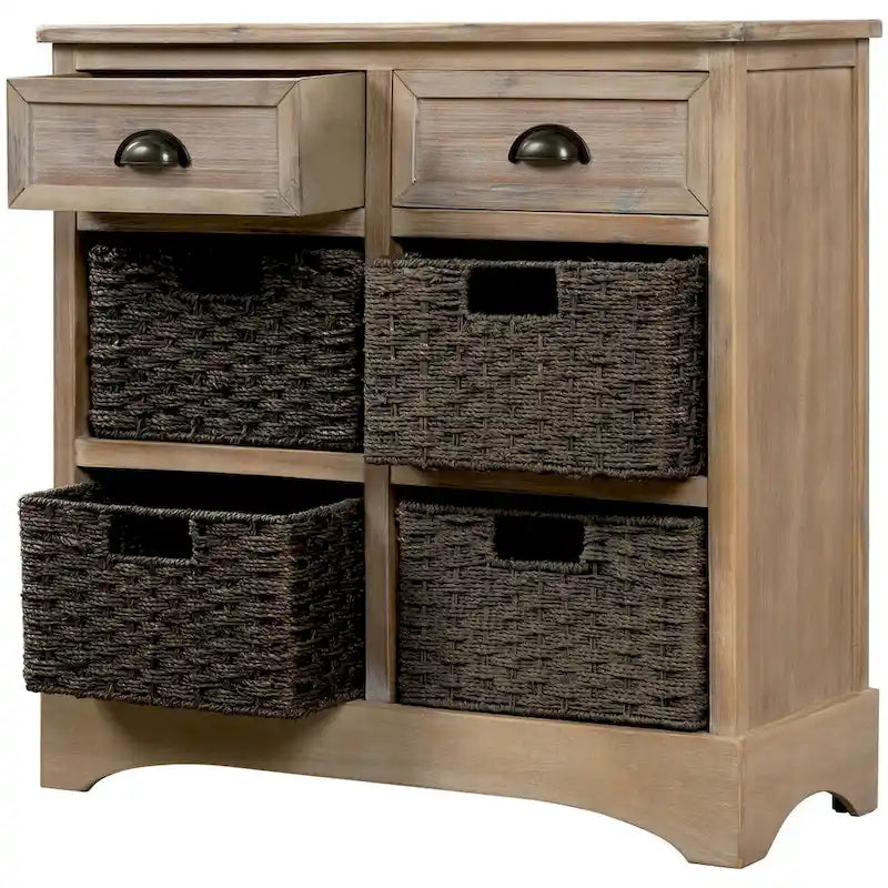 Farmhouse Storage Cabinet with 2 Drawers and 4 Woven Rattan Baskets, Espresso/White Washed