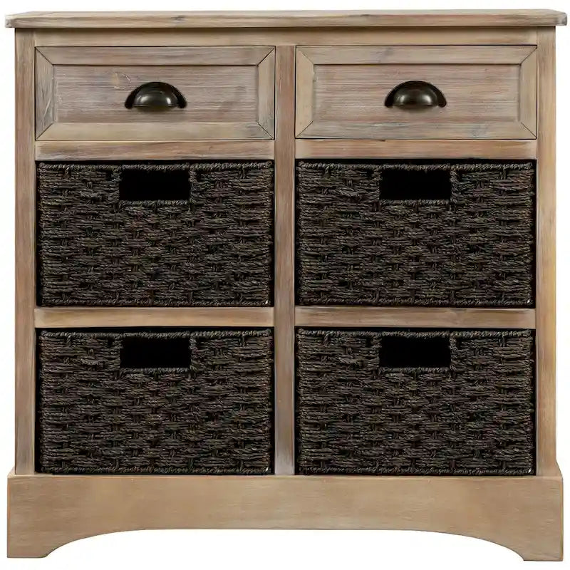 Farmhouse Storage Cabinet with 2 Drawers and 4 Woven Rattan Baskets, Espresso/White Washed