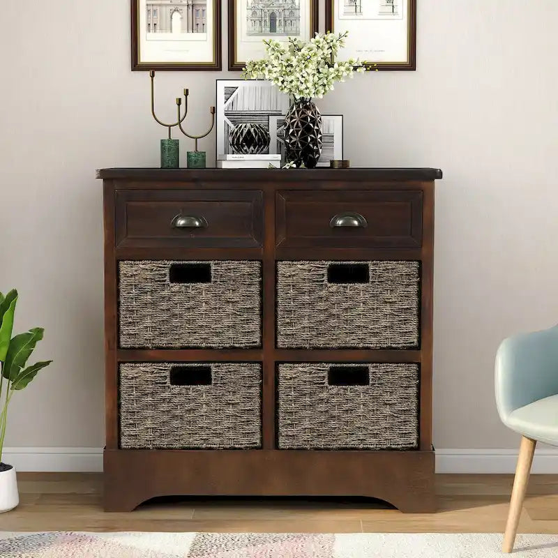 Farmhouse Storage Cabinet with 2 Drawers and 4 Woven Rattan Baskets, Espresso/White Washed