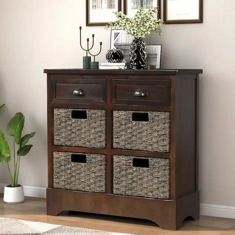 Farmhouse Storage Cabinet with 2 Drawers and 4 Woven Rattan Baskets, Espresso/White Washed