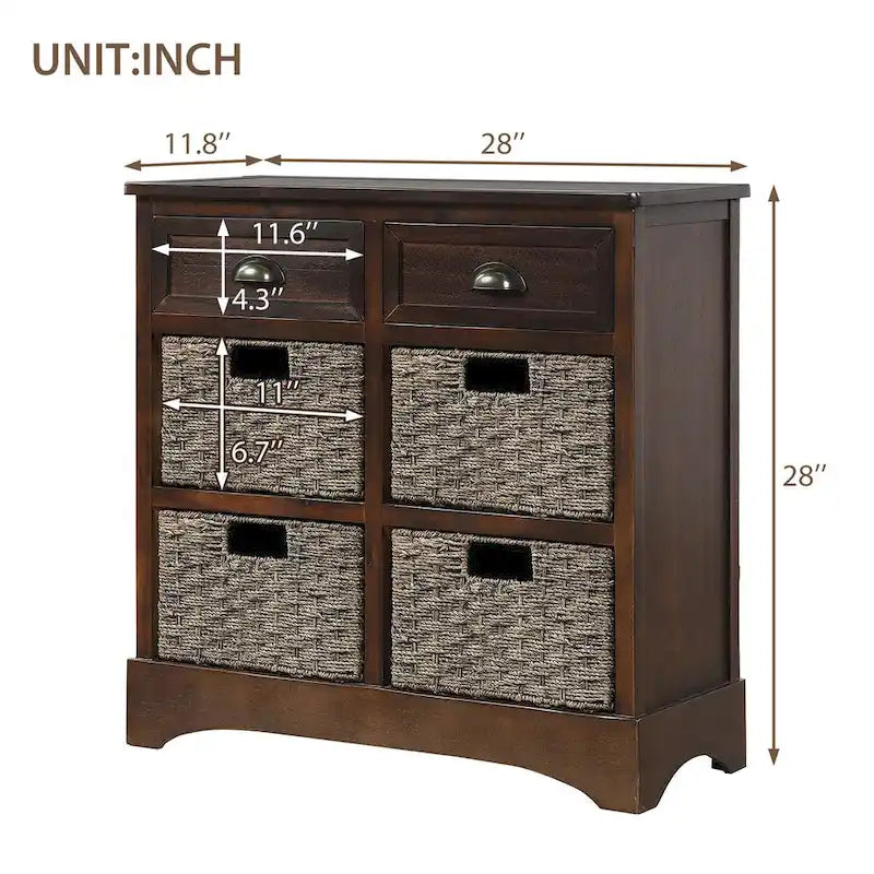Farmhouse Storage Cabinet with 2 Drawers and 4 Woven Rattan Baskets, Espresso/White Washed