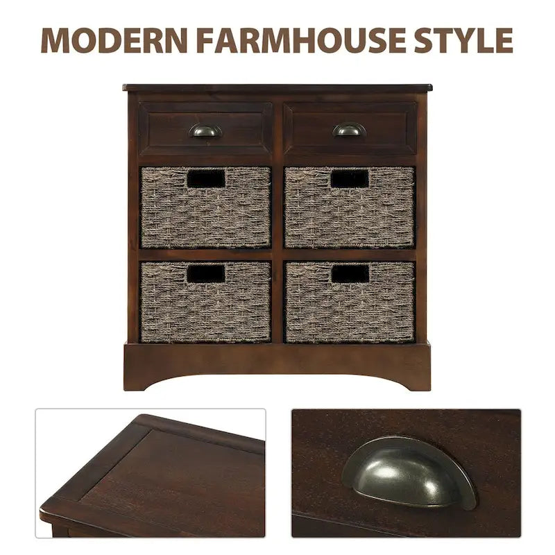 Farmhouse Storage Cabinet with 2 Drawers and 4 Woven Rattan Baskets, Espresso/White Washed