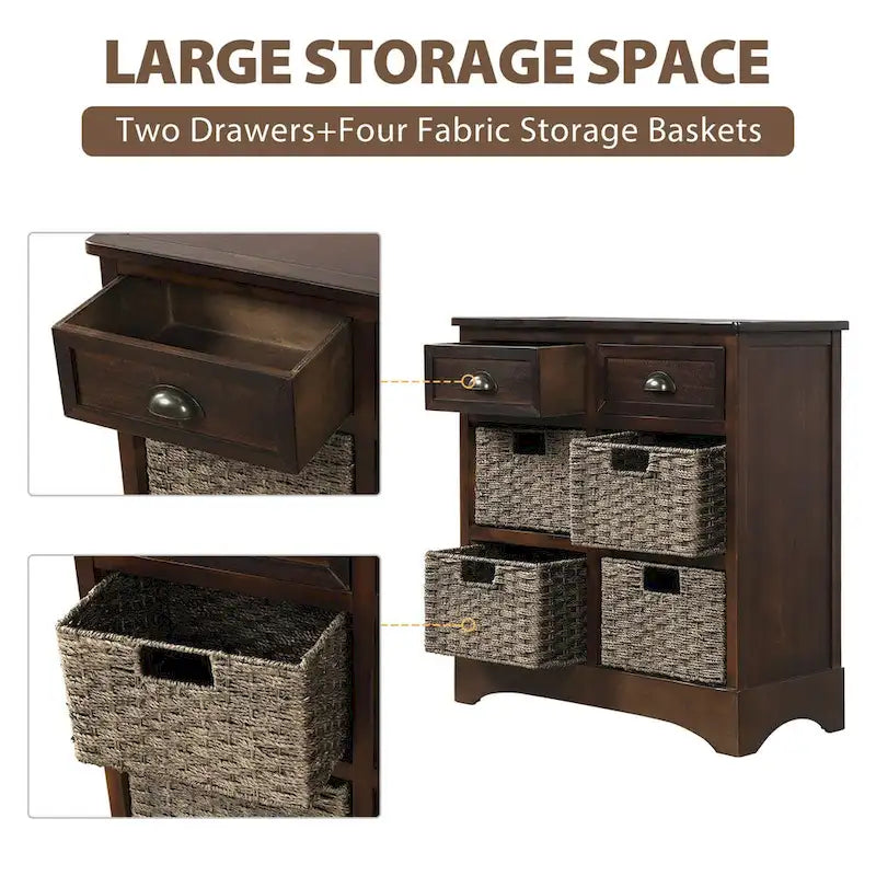 Farmhouse Storage Cabinet with 2 Drawers and 4 Woven Rattan Baskets, Espresso/White Washed