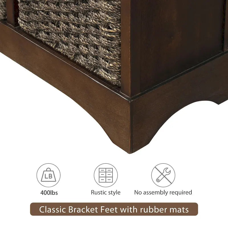 Farmhouse Storage Cabinet with 2 Drawers and 4 Woven Rattan Baskets, Espresso/White Washed