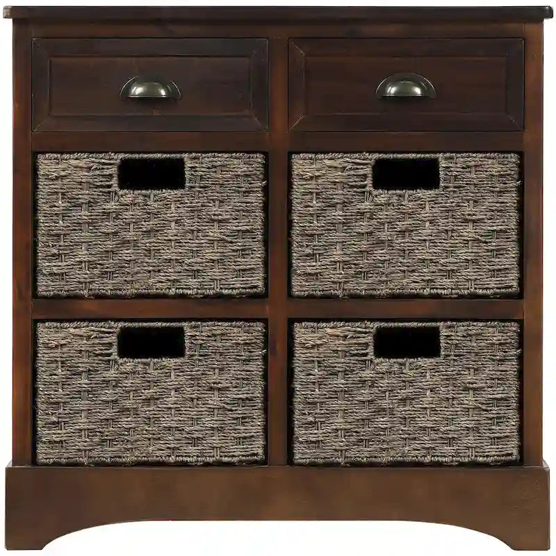 Farmhouse Storage Cabinet with 2 Drawers and 4 Woven Rattan Baskets, Espresso/White Washed