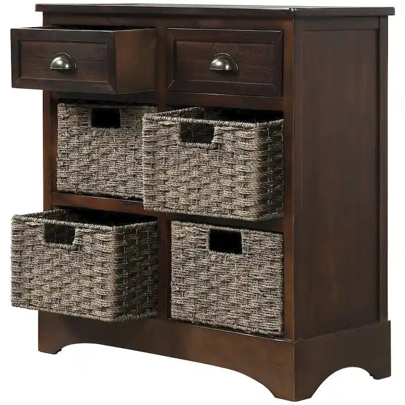 Farmhouse Storage Cabinet with 2 Drawers and 4 Woven Rattan Baskets, Espresso/White Washed