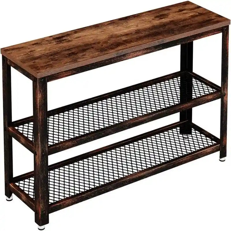 3-Tier Industrial Shoe Rack with Mesh Shelves and Rustic Wood Top