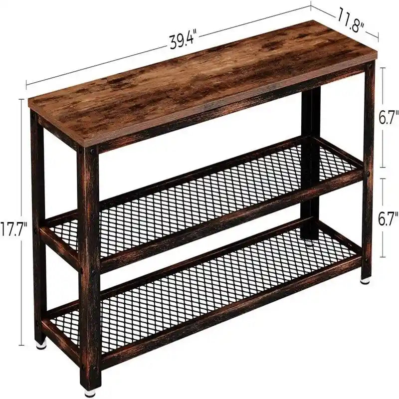 3-Tier Industrial Shoe Rack with Mesh Shelves and Rustic Wood Top