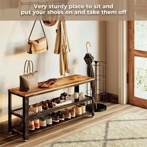 3-Tier Industrial Shoe Rack with Mesh Shelves and Rustic Wood Top