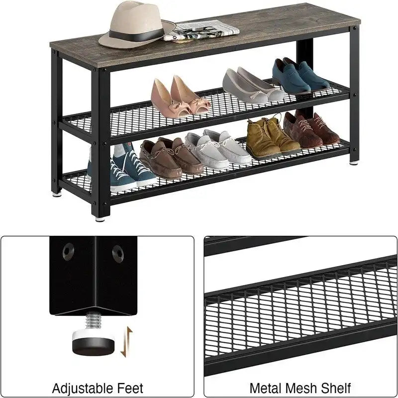 Étagère à chaussures industrielle à 3 niveaux avec étagères en treillis et plateau supérieur en bois rustique