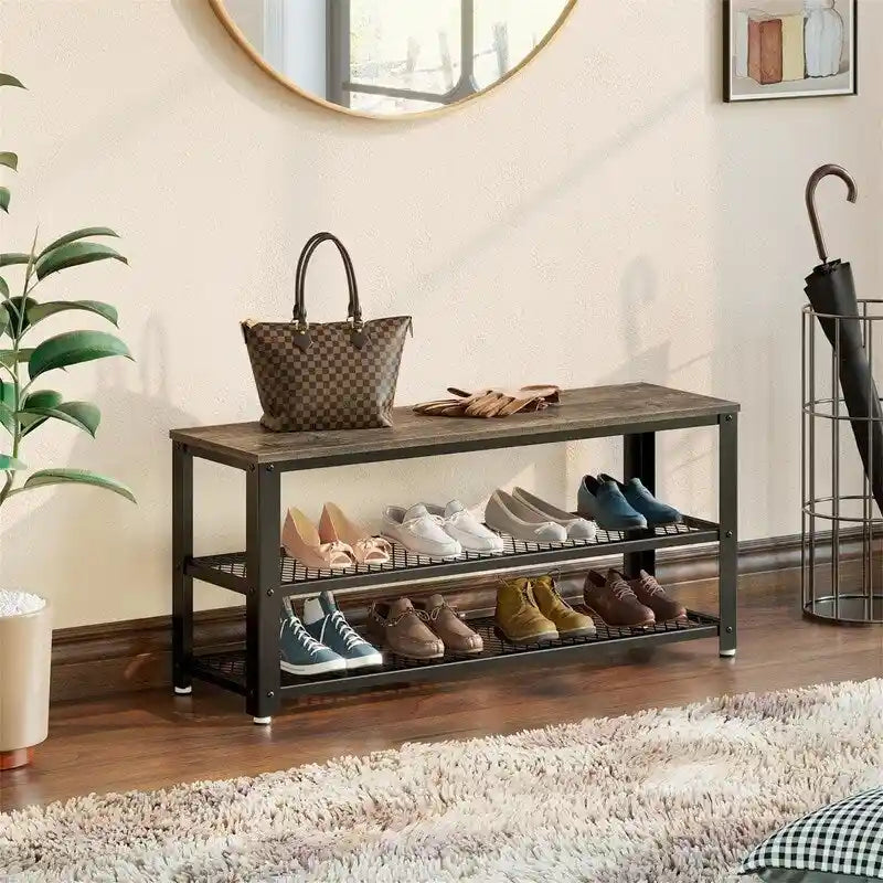 3-Tier Industrial Shoe Rack with Mesh Shelves and Rustic Wood Top