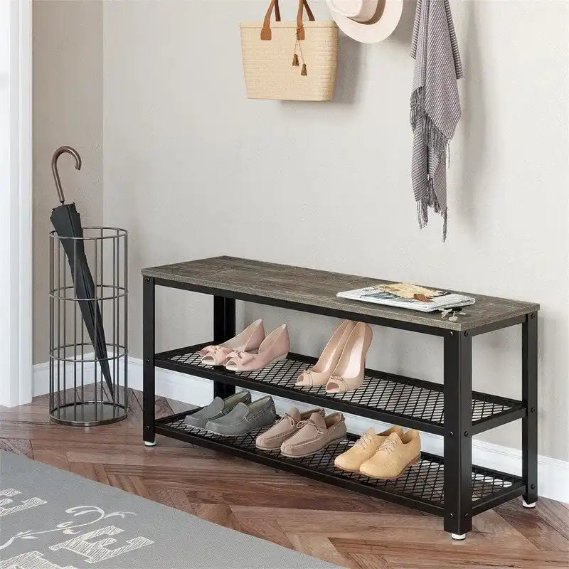 Étagère à chaussures industrielle à 3 niveaux avec étagères en treillis et plateau supérieur en bois rustique