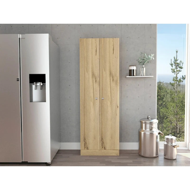 Light Oak Double Door Storage Cabinet with Five Shelves Black Frame