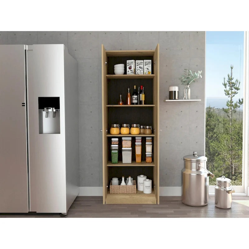 Light Oak Double Door Storage Cabinet with Five Shelves Black Frame