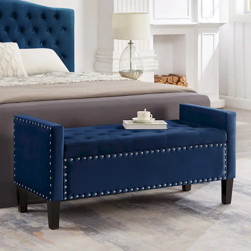 Navy Velvet Tufted Storage Bench with Armrests and Nailhead Trim