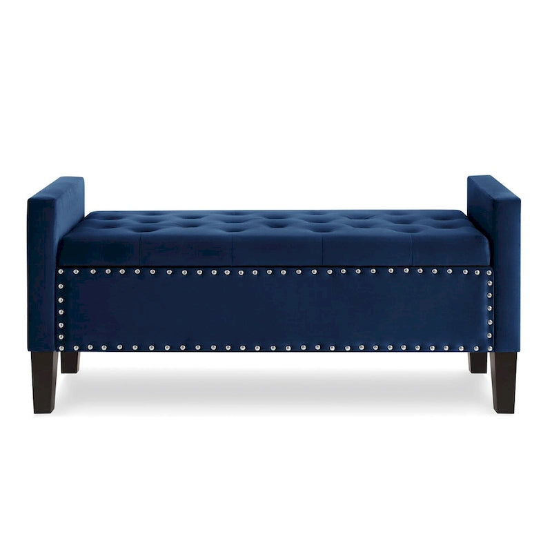 Navy Velvet Tufted Storage Bench with Armrests and Nailhead Trim