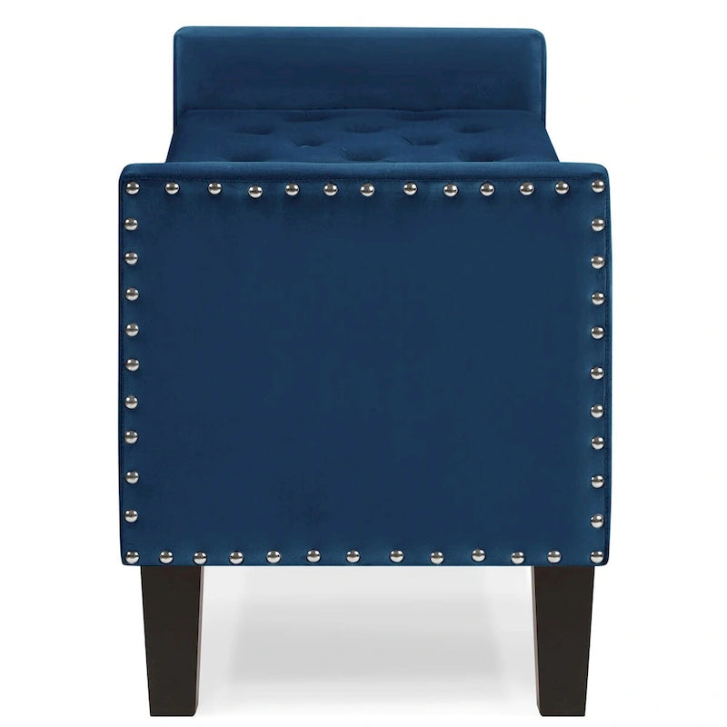Panca contenitore in velluto blu navy trapuntato con braccioli e finiture con borchie