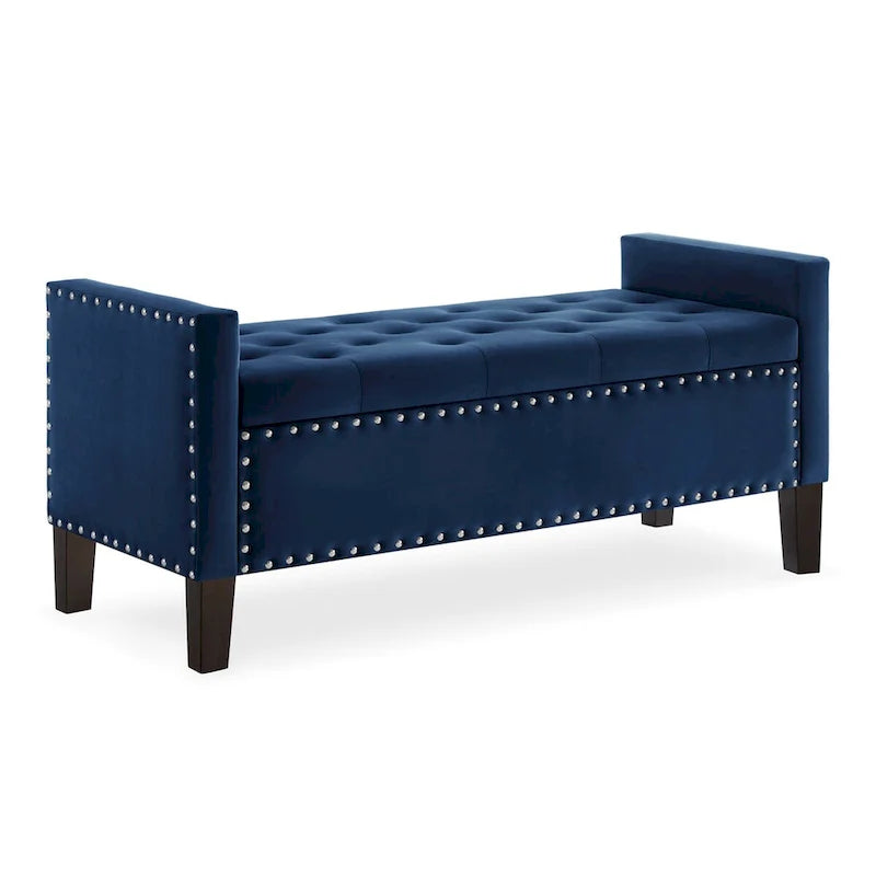 Navy Velvet Tufted Storage Bench with Armrests and Nailhead Trim