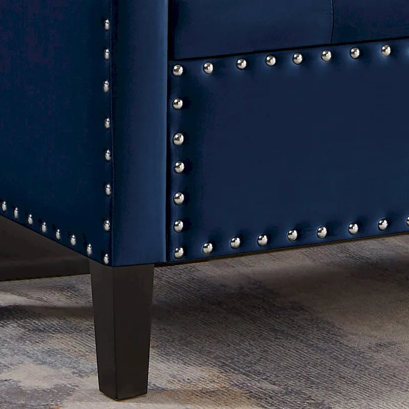 Panca contenitore in velluto blu navy trapuntato con braccioli e finiture con borchie