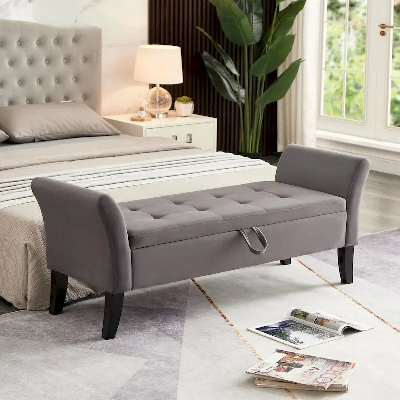 Velvet Storage Bench with Curved Arms Tufted Upholstered Beige Grey