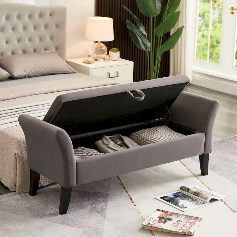 Velvet Storage Bench with Curved Arms Tufted Upholstered Beige Grey