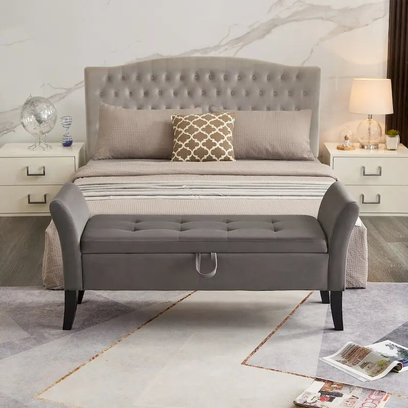Velvet Storage Bench with Curved Arms Tufted Upholstered Beige Grey