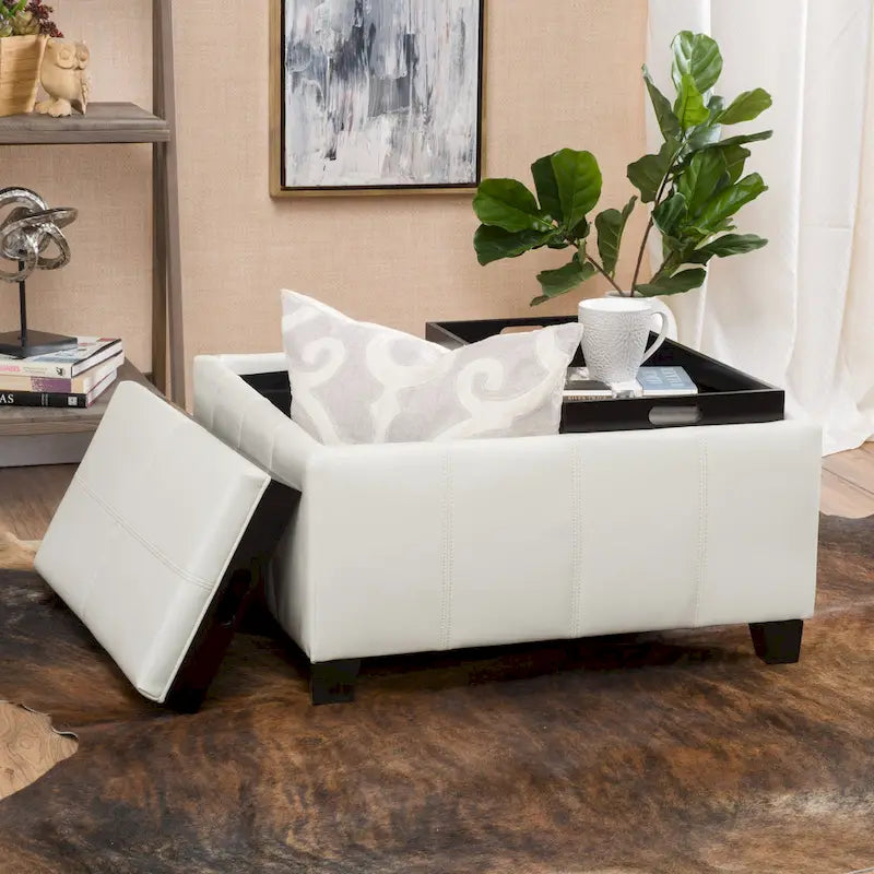 Upholstered Storage Bench Ottoman with Reversible Tray Top and Double Stitch Detail