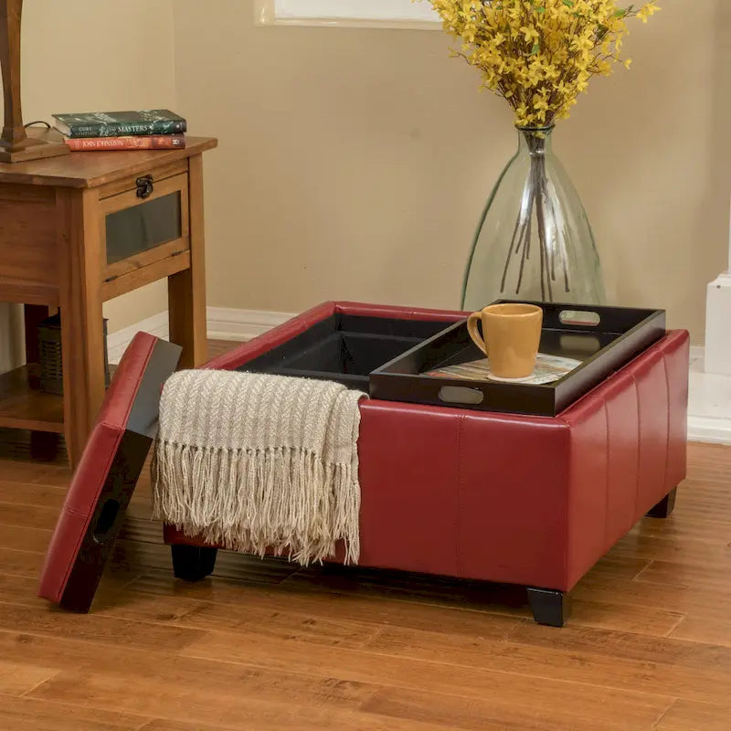 Upholstered Storage Bench Ottoman with Reversible Tray Top and Double Stitch Detail