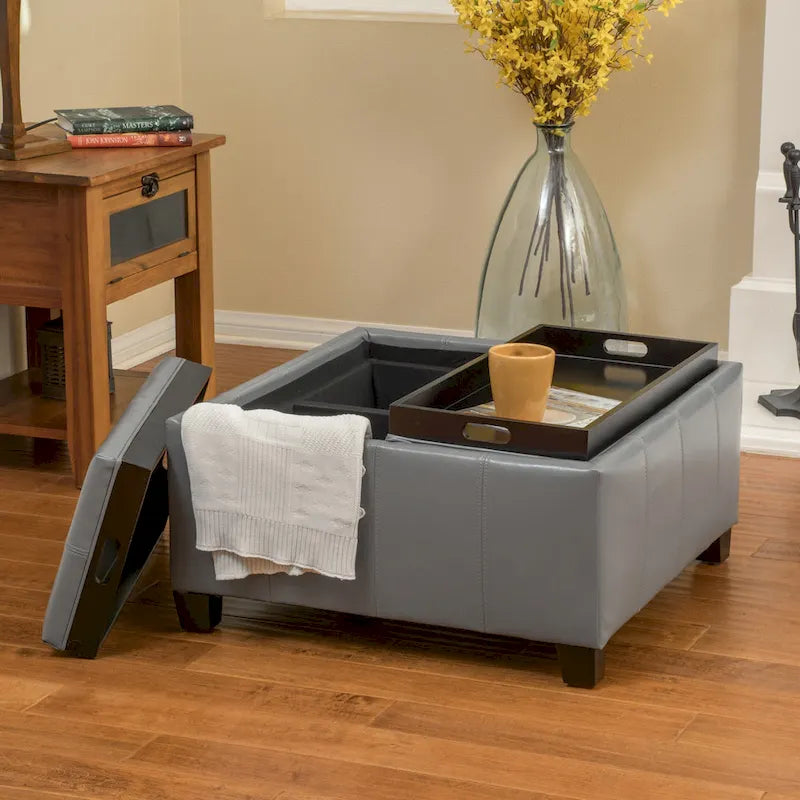 Upholstered Storage Bench Ottoman with Reversible Tray Top and Double Stitch Detail