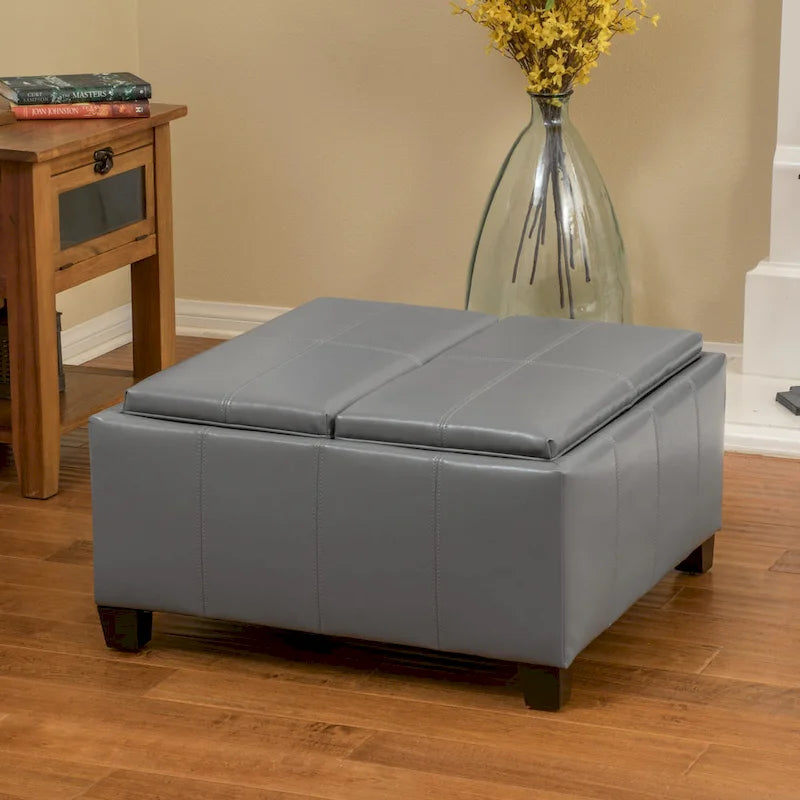 Upholstered Storage Bench Ottoman with Reversible Tray Top and Double Stitch Detail