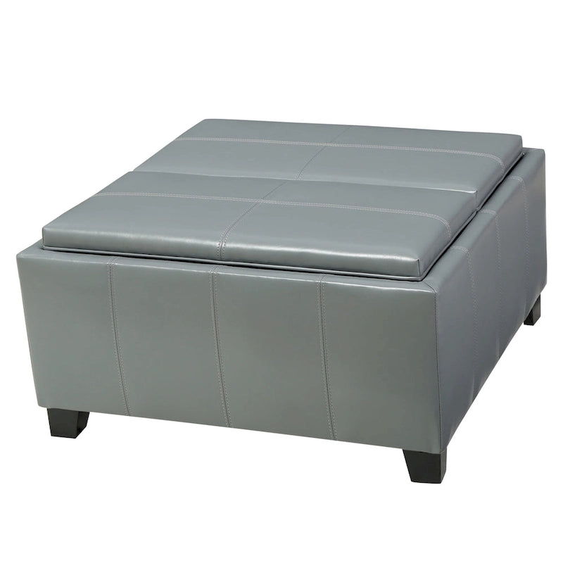 Upholstered Storage Bench Ottoman with Reversible Tray Top and Double Stitch Detail