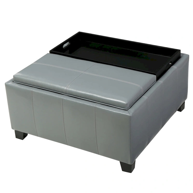 Upholstered Storage Bench Ottoman with Reversible Tray Top and Double Stitch Detail