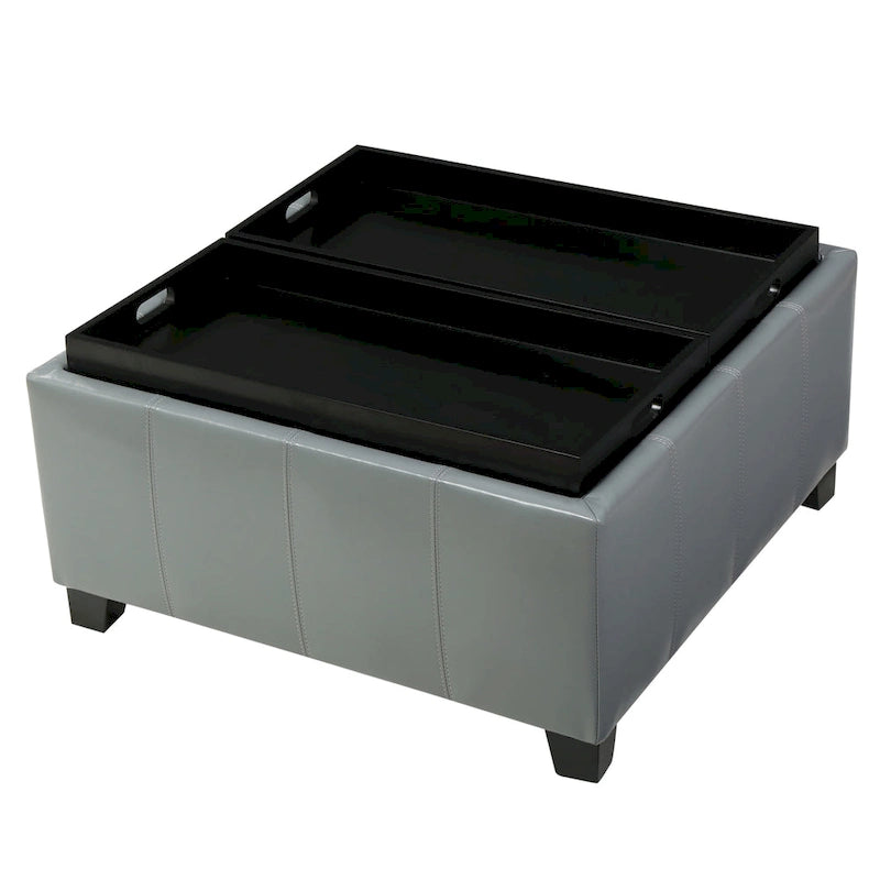 Upholstered Storage Bench Ottoman with Reversible Tray Top and Double Stitch Detail