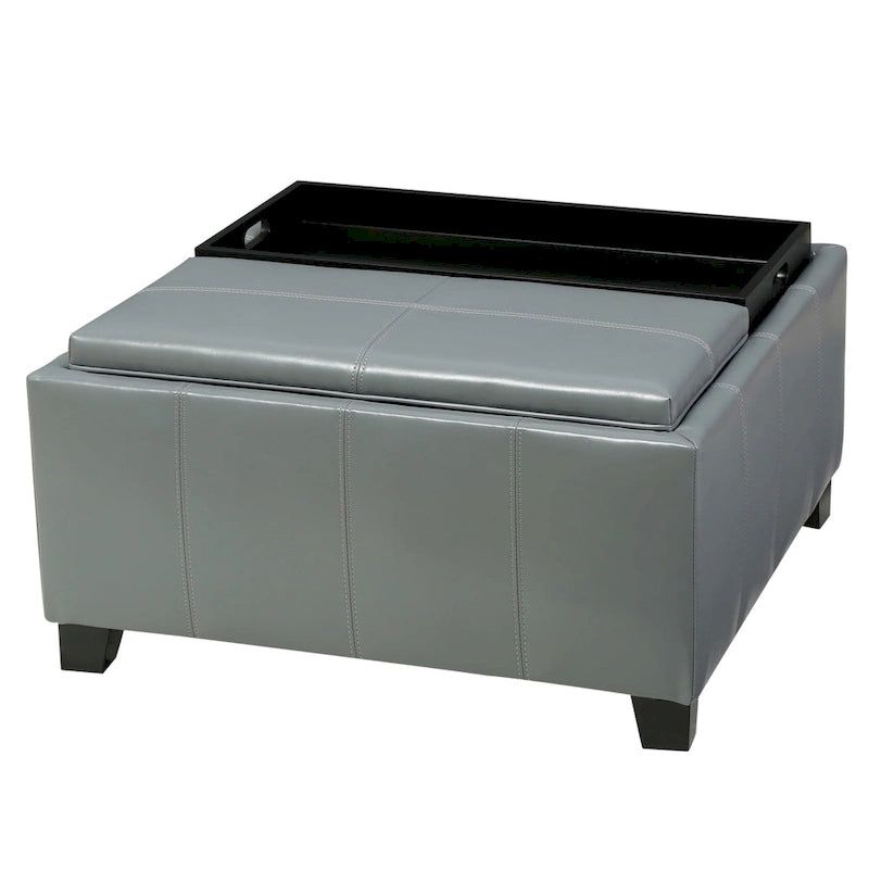 Upholstered Storage Bench Ottoman with Reversible Tray Top and Double Stitch Detail