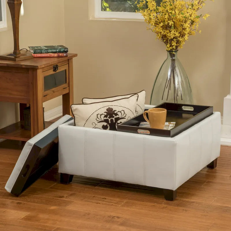 Upholstered Storage Bench Ottoman with Reversible Tray Top and Double Stitch Detail