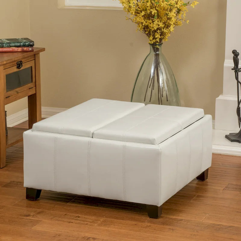 Upholstered Storage Bench Ottoman with Reversible Tray Top and Double Stitch Detail