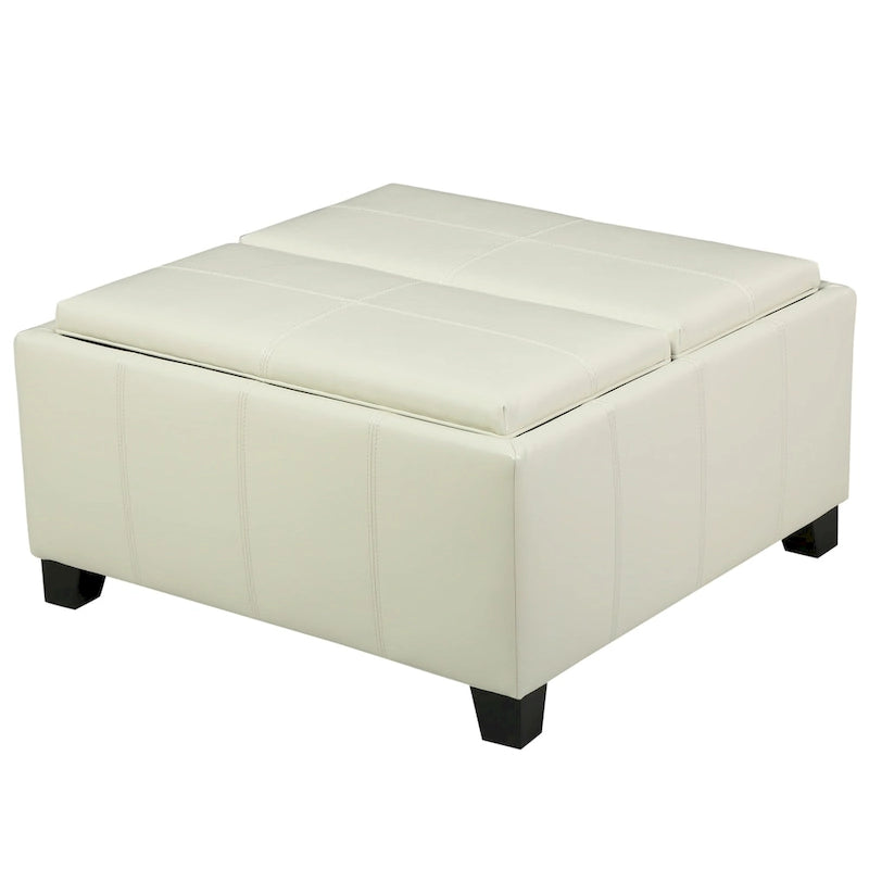Upholstered Storage Bench Ottoman with Reversible Tray Top and Double Stitch Detail