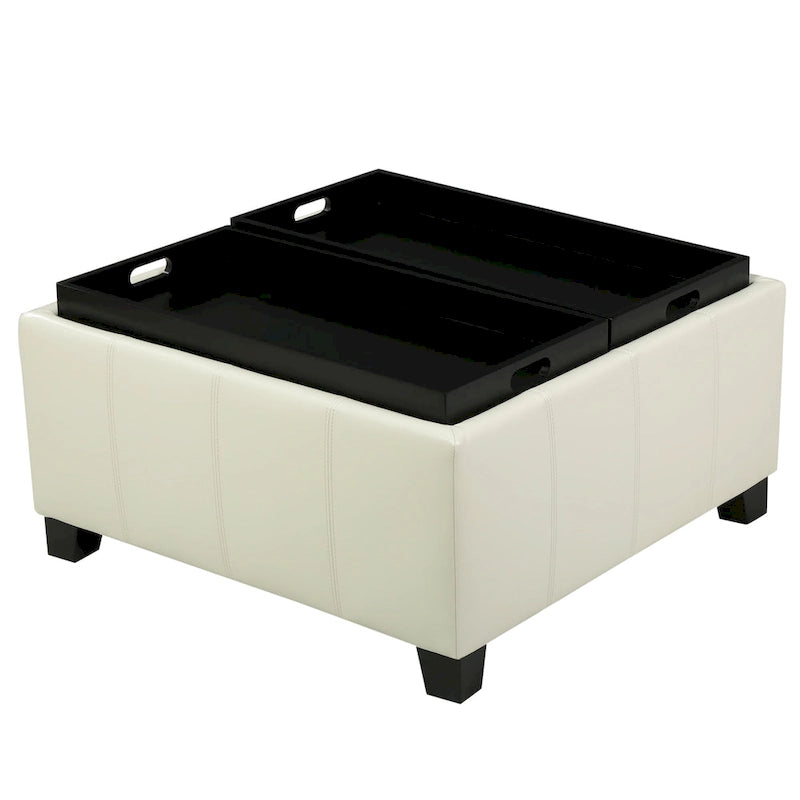 Upholstered Storage Bench Ottoman with Reversible Tray Top and Double Stitch Detail