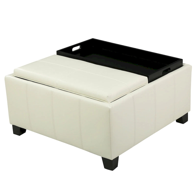 Upholstered Storage Bench Ottoman with Reversible Tray Top and Double Stitch Detail
