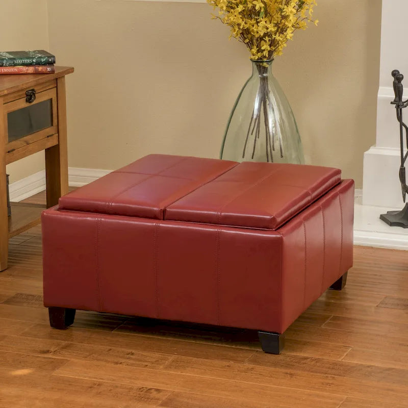 Upholstered Storage Bench Ottoman with Reversible Tray Top and Double Stitch Detail