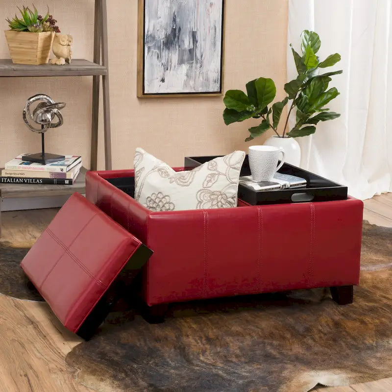 Upholstered Storage Bench Ottoman with Reversible Tray Top and Double Stitch Detail