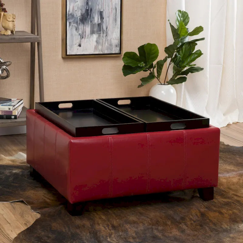 Upholstered Storage Bench Ottoman with Reversible Tray Top and Double Stitch Detail
