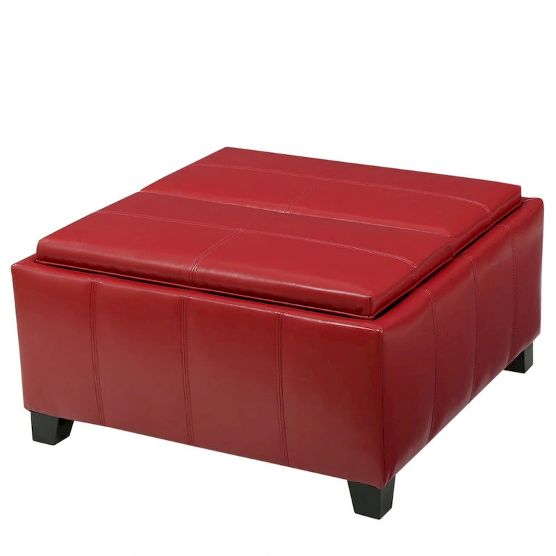 Upholstered Storage Bench Ottoman with Reversible Tray Top and Double Stitch Detail