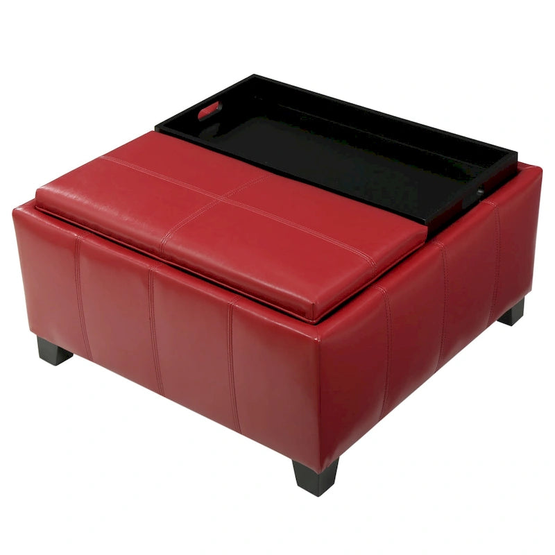 Upholstered Storage Bench Ottoman with Reversible Tray Top and Double Stitch Detail
