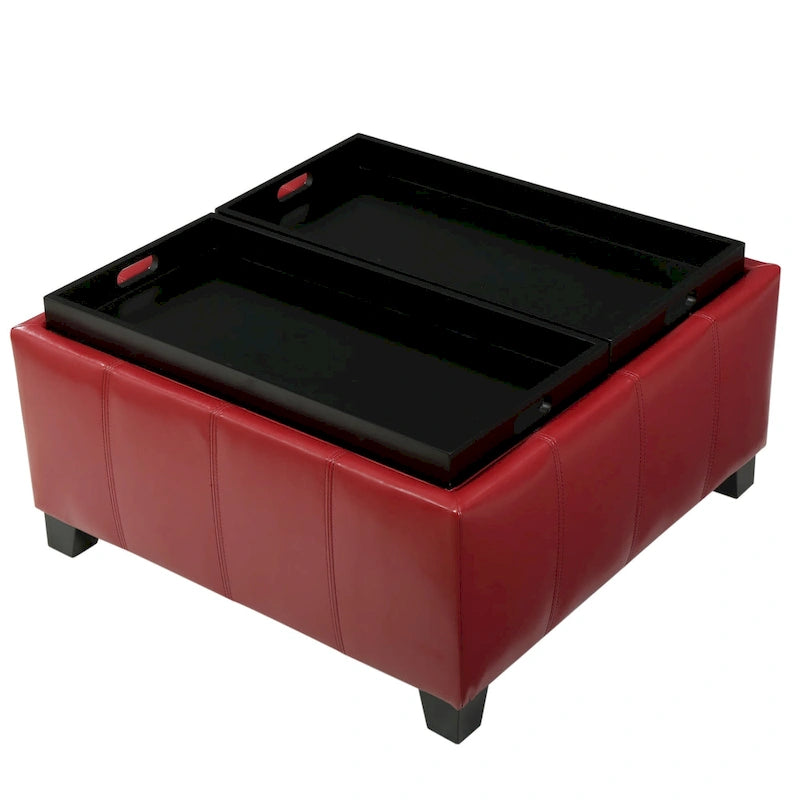 Upholstered Storage Bench Ottoman with Reversible Tray Top and Double Stitch Detail