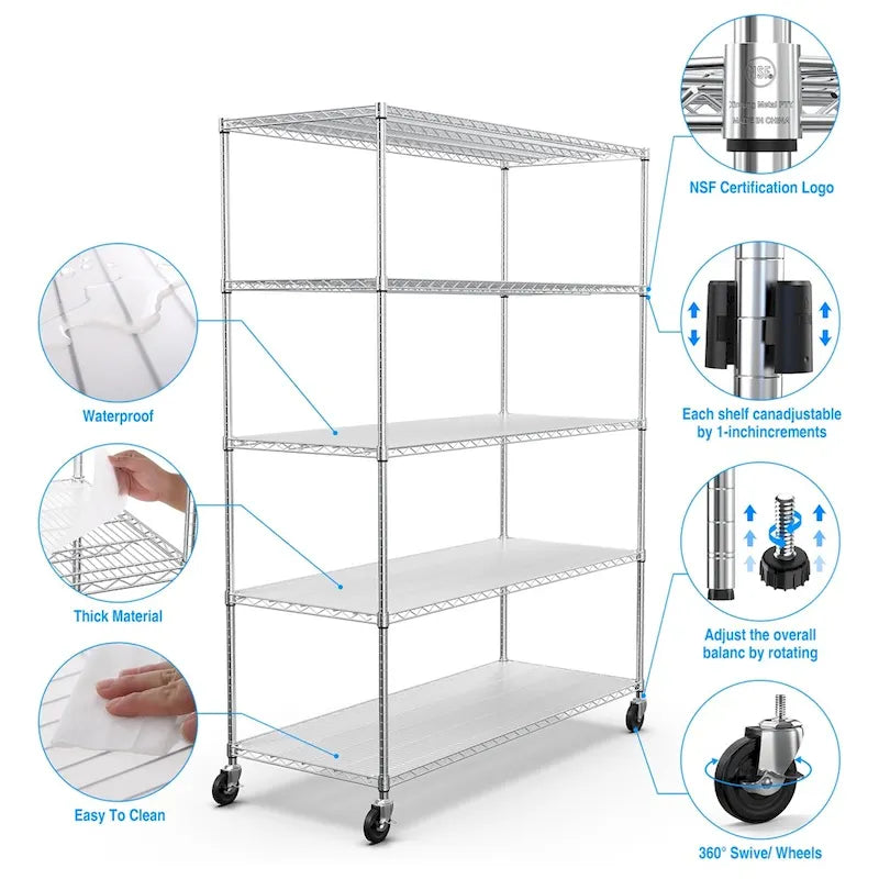 5-Tier Heavy Duty Chrome Wire Shelving Unit with Wheels and Liners