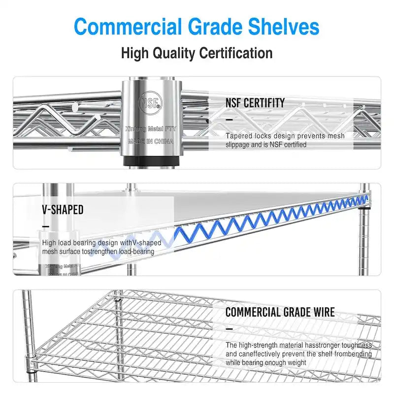 5-Tier Heavy Duty Chrome Wire Shelving Unit with Wheels and Liners