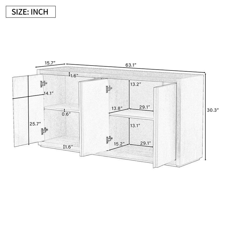 63-Inch Wide Four-Door Sideboard Cabinet with Adjustable Shelves Navy Blue