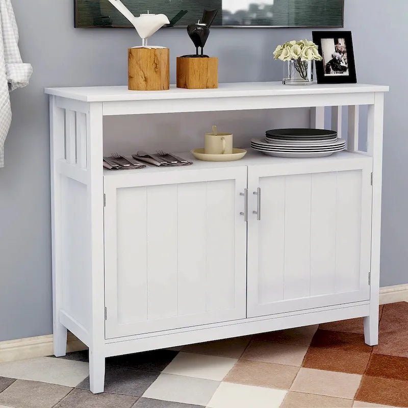 White Wood Sideboard Buffet Cabinet with Open Shelf and Double Doors