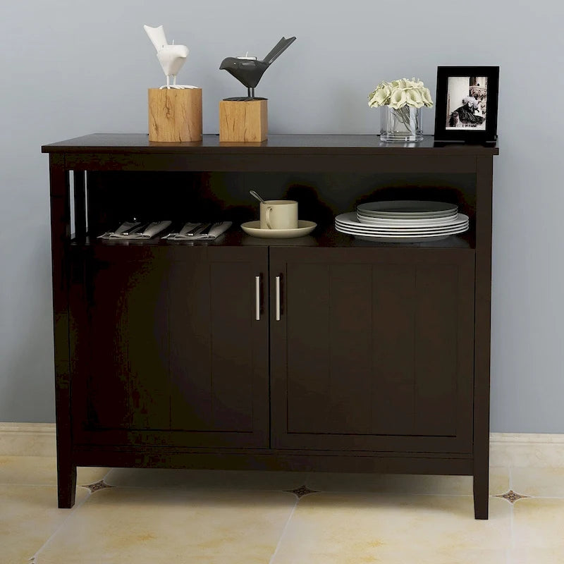 White Wood Sideboard Buffet Cabinet with Open Shelf and Double Doors